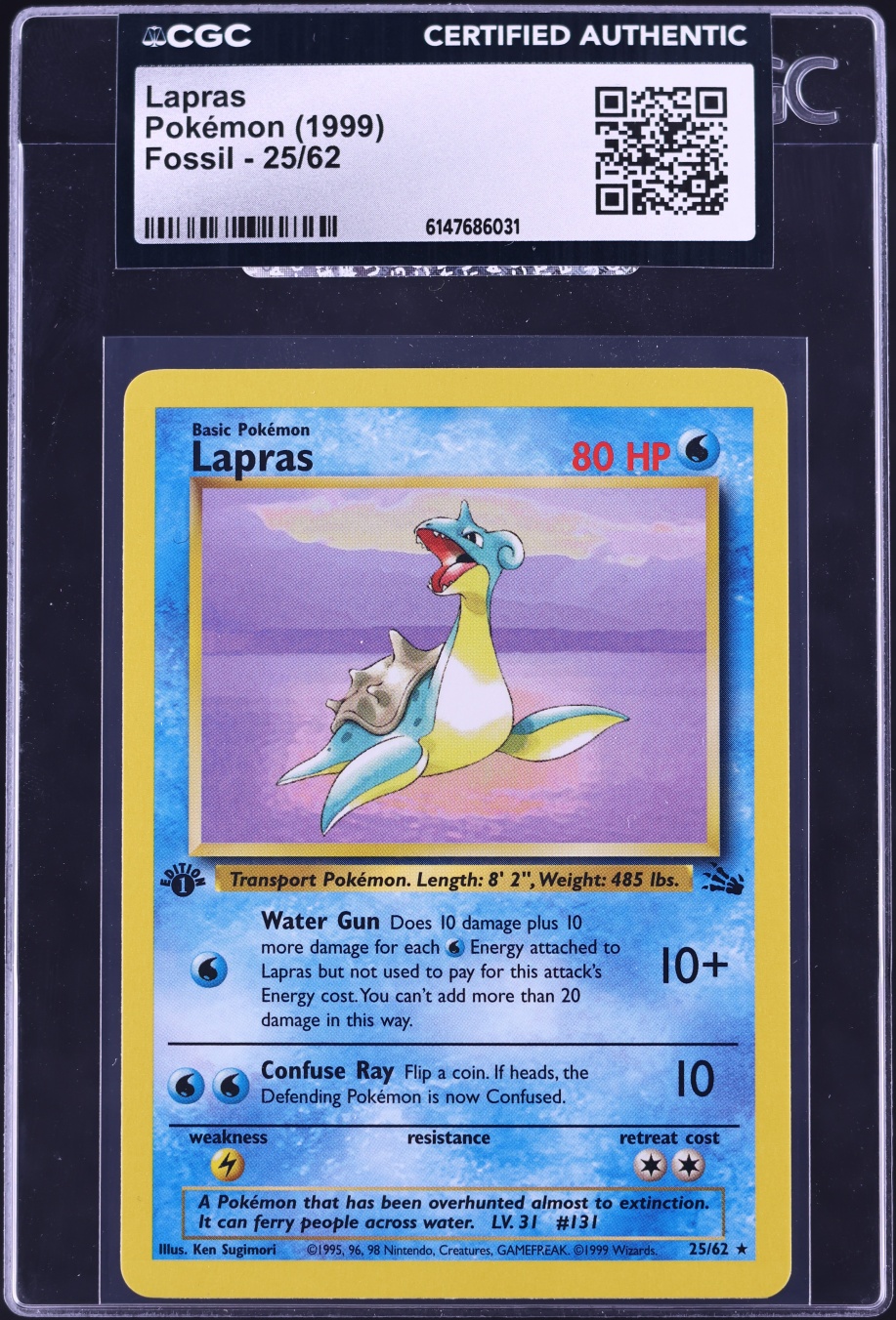 1999 Pokemon Fossil 1st Edition Lapras #25 CGC AUTH