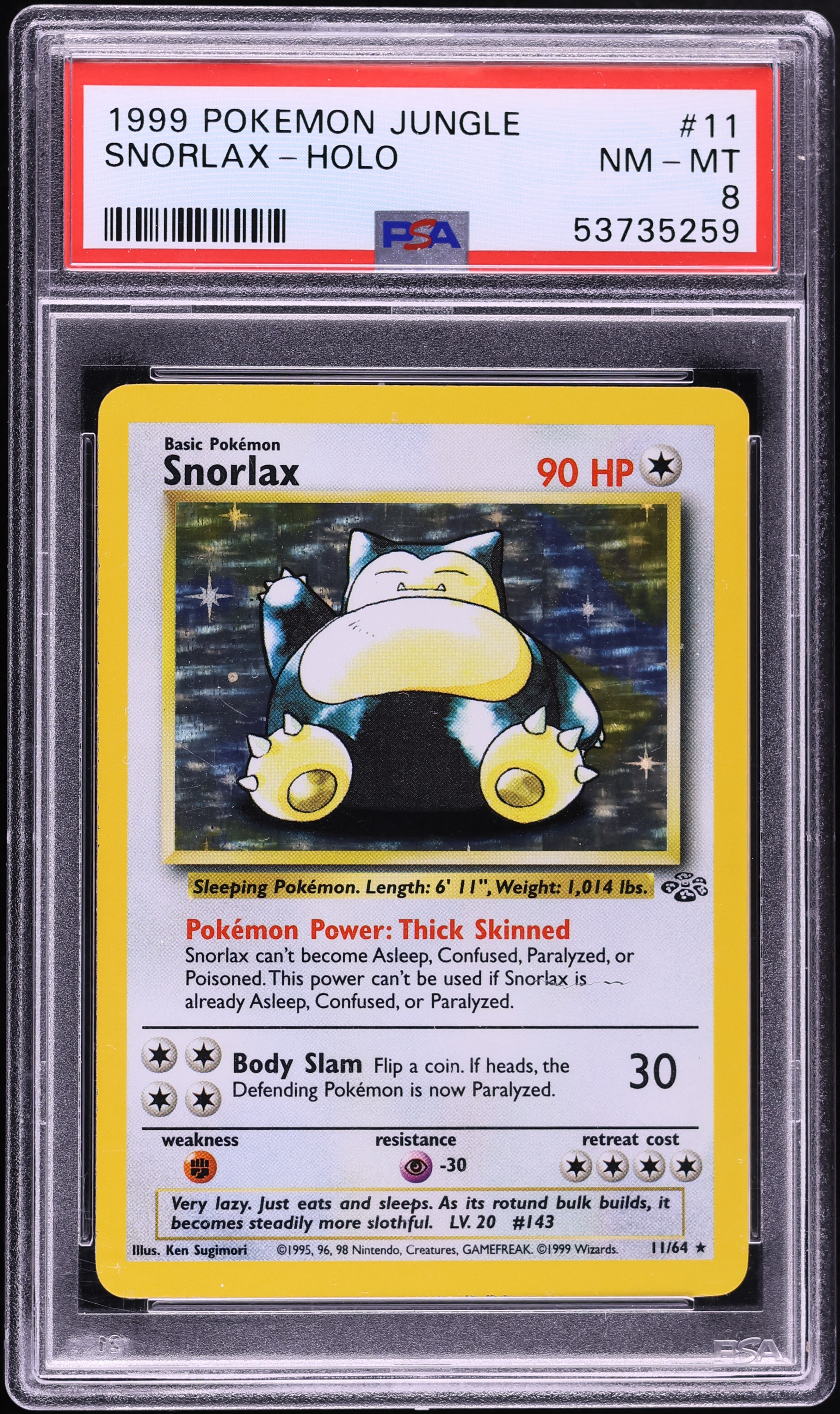 1999 Pokemon Jungle Holo Snorlax #11 PSA 8 NM-MT