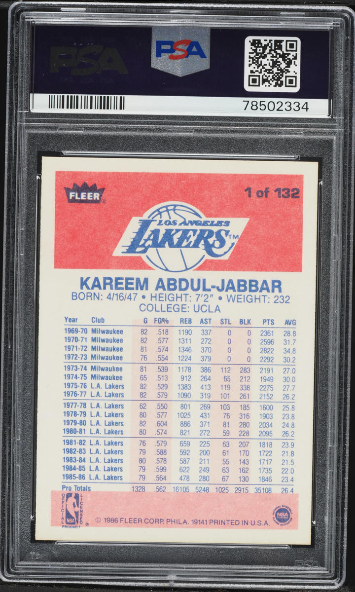 1986 Fleer Basketball Kareem Abdul-Jabbar #1 PSA 8 NM-MT