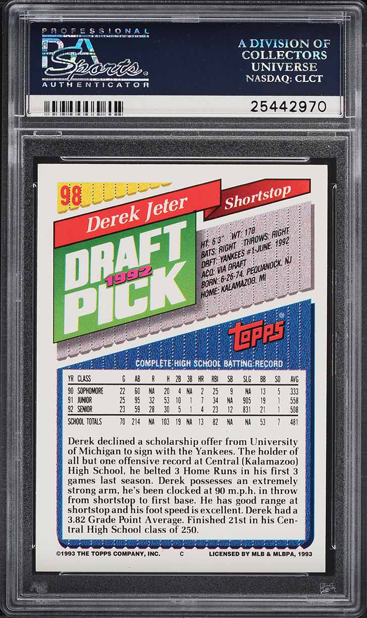 1993 Topps Gold Derek Jeter ROOKIE #98 PSA 7 NRMT