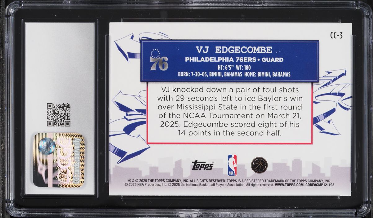 2025 Topps Clutch City Prospects VJ Edgecombe ROOKIE #CC-3 CGC 10 GEM MINT