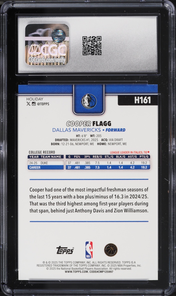 2025 Topps Holiday Cooper Flagg ROOKIE #H161 CGC 10 GEM MINT