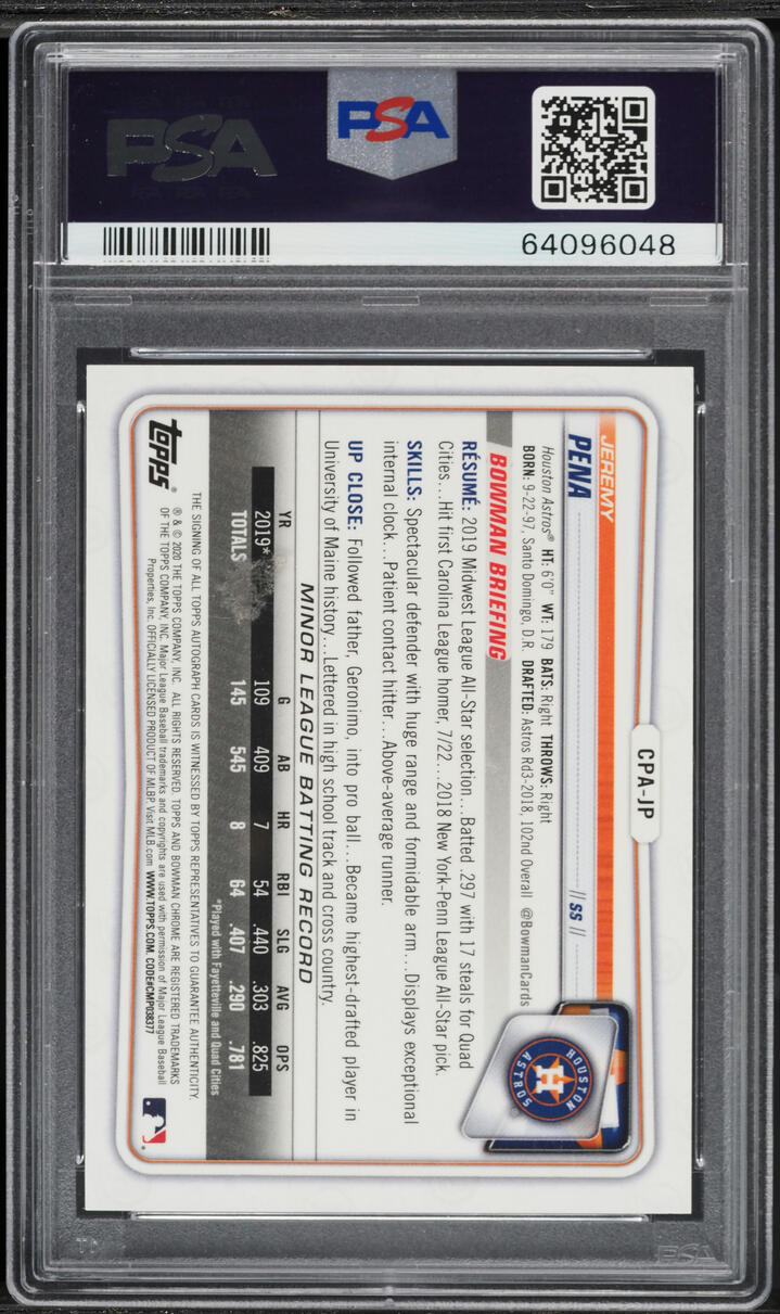 2020 Bowman Chrome Orange Refractor Jeremy Pena PROSPECT AUTO /25 #CPAJP PSA 10 GEM MINT