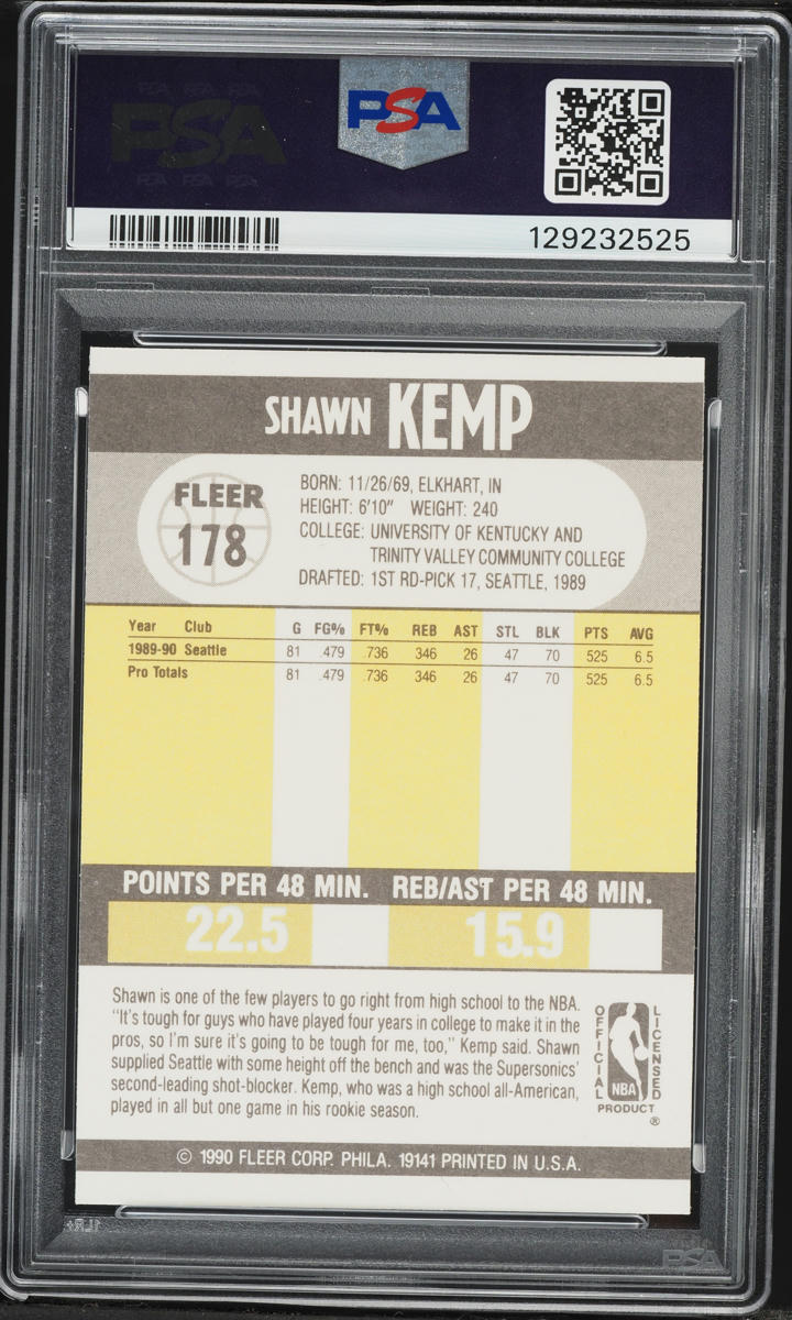 1990 Fleer Basketball Shawn Kemp ROOKIE #178 PSA 6 EXMT