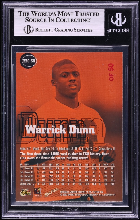 1997 Skybox Premium Rubies Warrick Dunn ROOKIE MISSING SERIAL NUMBER #220 BGS 9 MINT