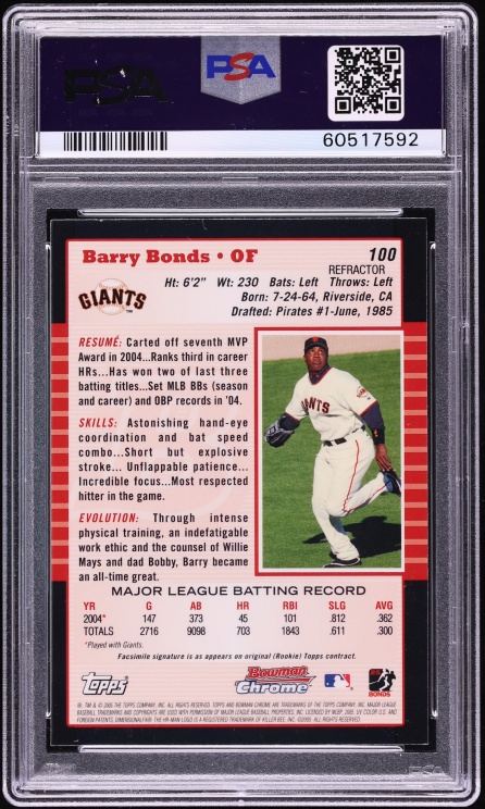 2005 Bowman Chrome Refractor Barry Bonds #100 PSA 9 MINT - Photo 2