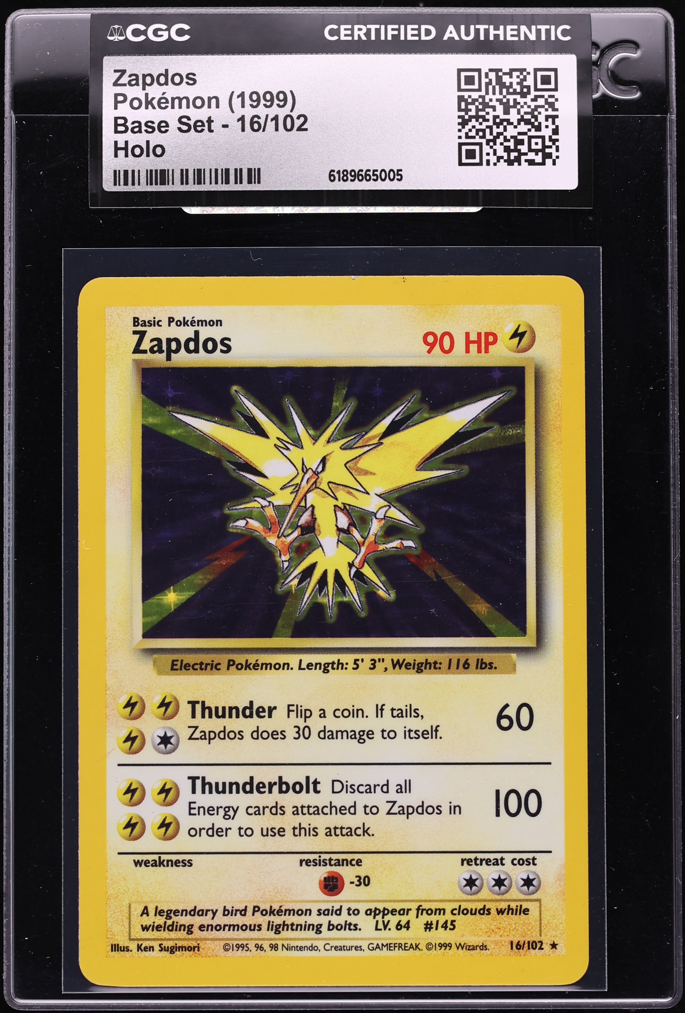 1999 Pokemon Base Set Holo Zapdos #16 CGC AUTH