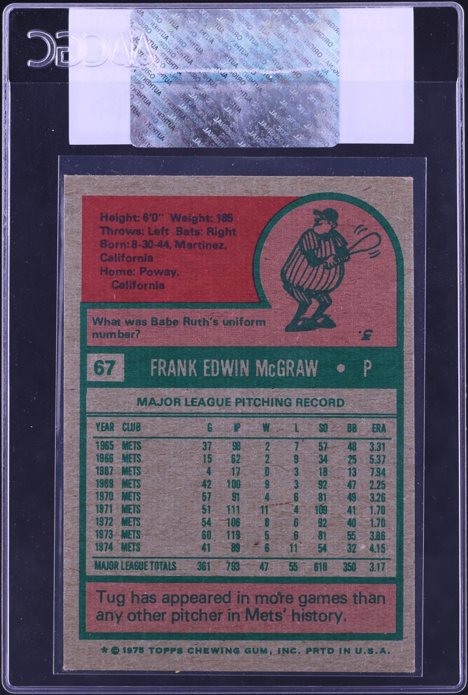1975 Topps Tug McGraw #67 CGC AUTH