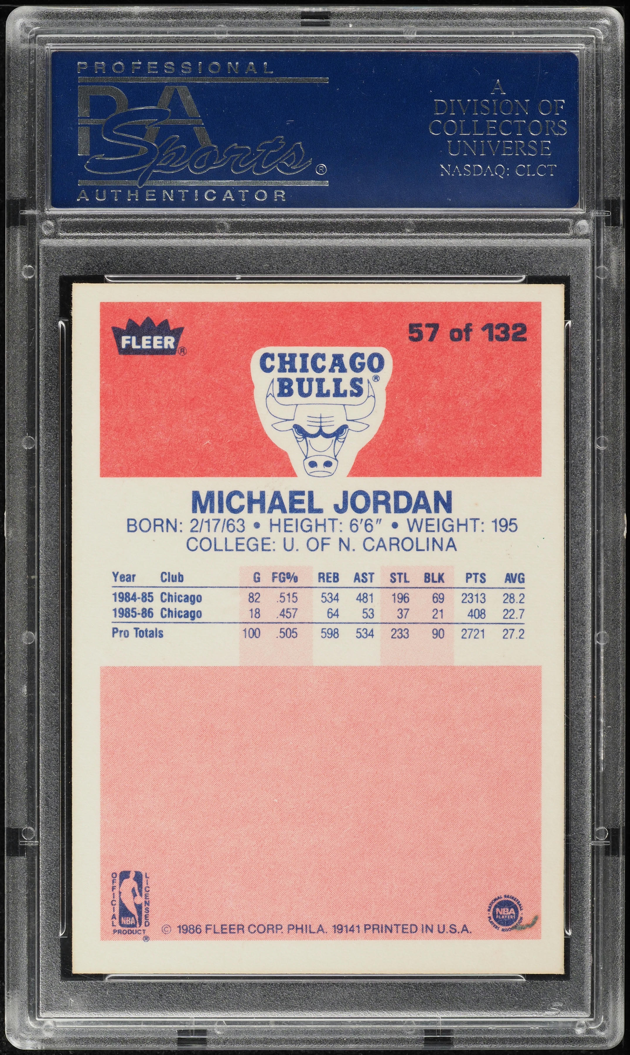 1986 Fleer Basketball Michael Jordan ROOKIE #57 PSA 6 EXMT