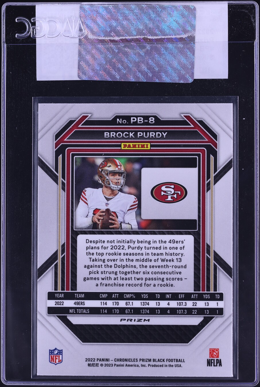 2022 Panini Chronicles Prizm Black Silver Brock Purdy ROOKIE #PB-8 CGC AUTH