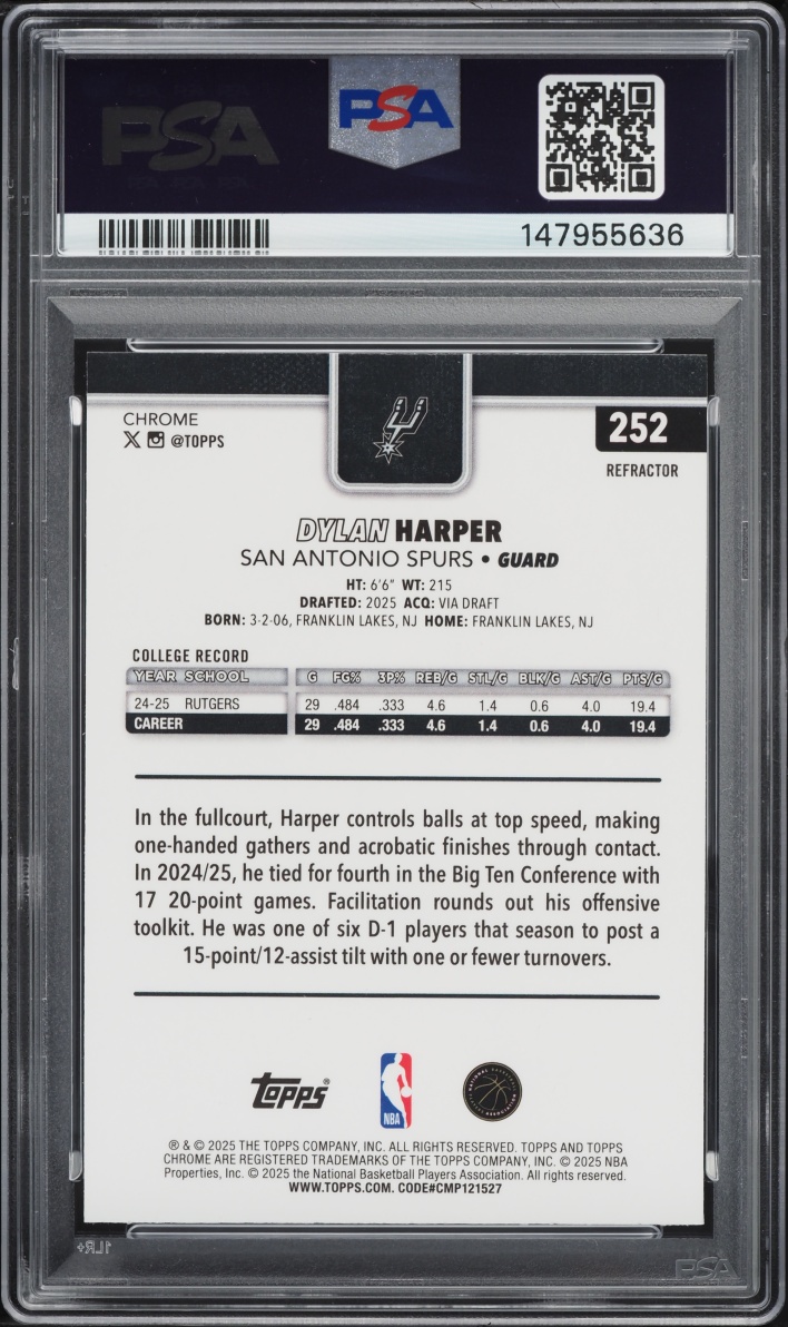 2025 Topps Chrome Refractor Dylan Harper ROOKIE #252 PSA 9 MINT