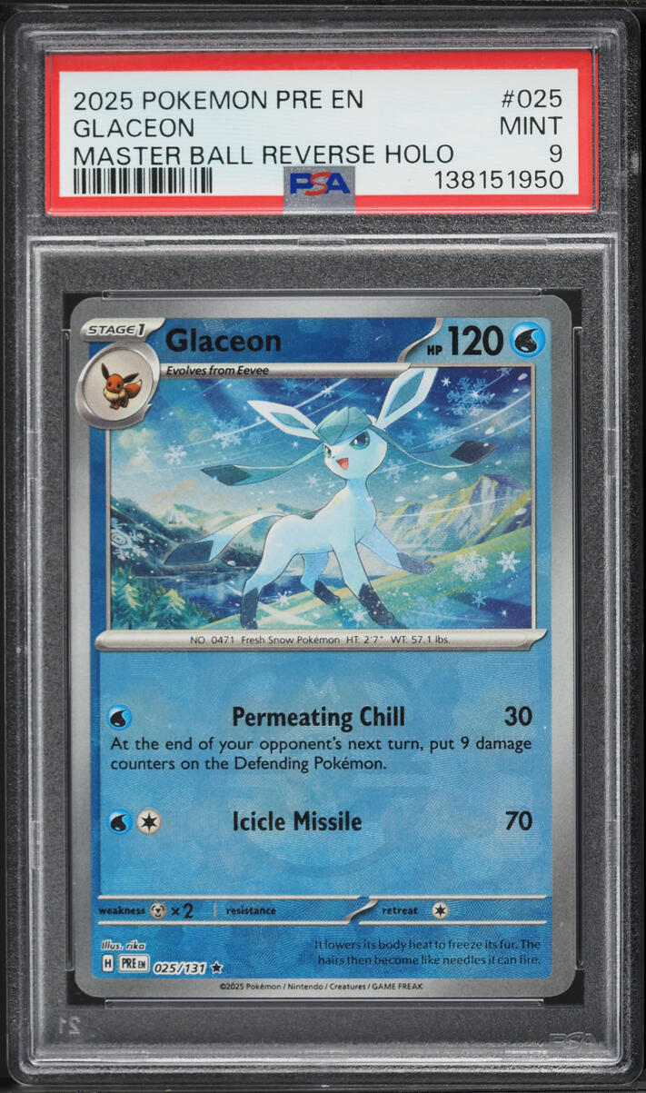 2025 Pokemon Scarlet & Violet Prismatic Evolutions Master Ball Holo Glaceon #25 PSA 9 MINT