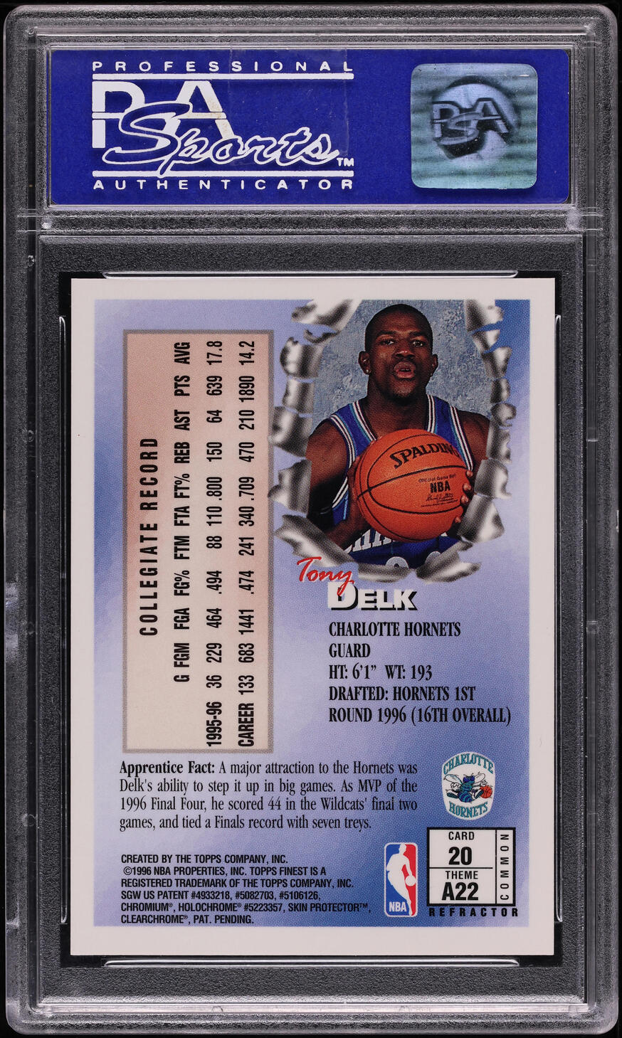 1996 Finest Refractor w/ Coating Tony Delk #20 PSA 9 MINT