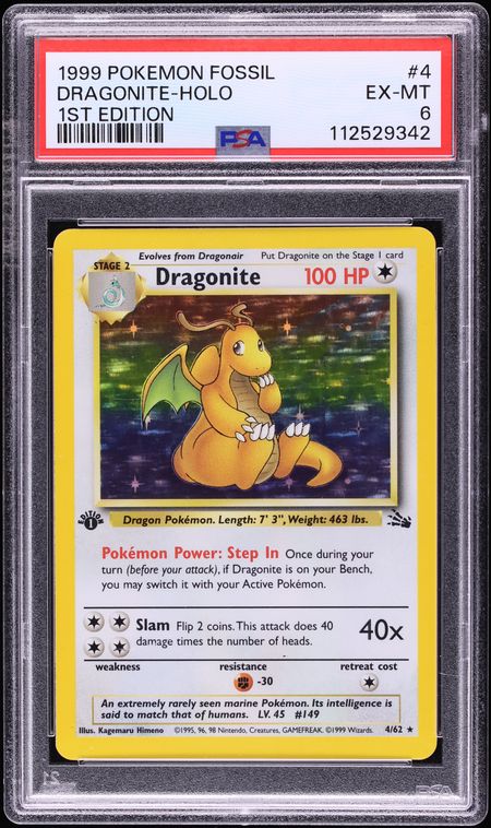 1999 Pokemon Fossil 1st Edition Holo Dragonite #4 PSA 6 EXMT