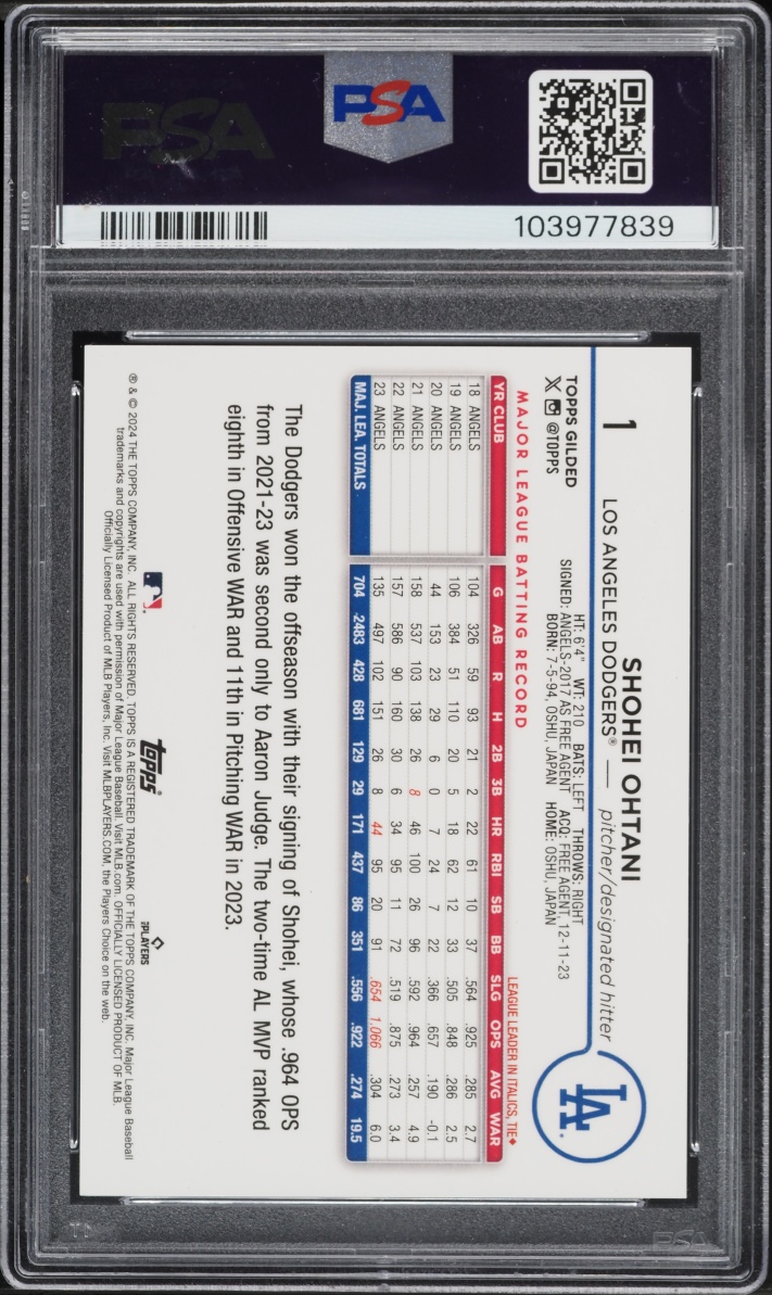 2024 Topps Chrome Gilded Collection Shohei Ohtani JERSEY # 17/99 #1 PSA 10 GEM MINT
