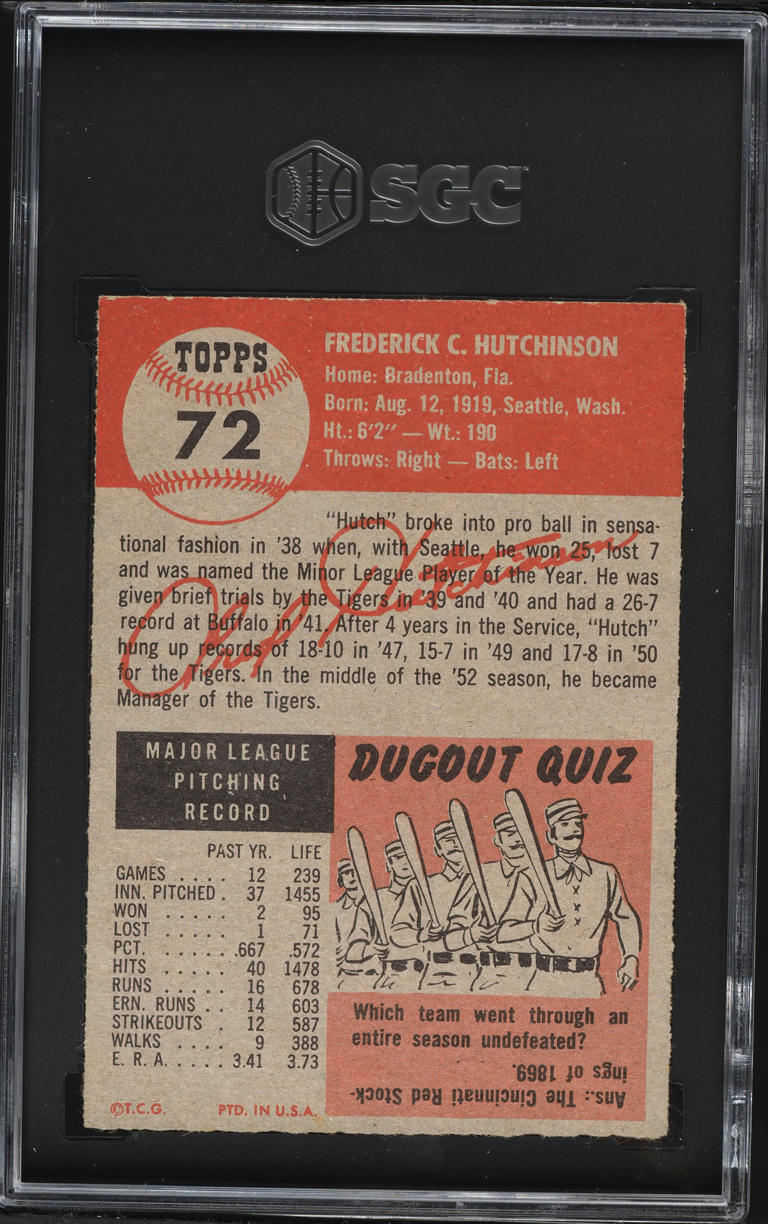 1953 Topps Fred Hutchinson #72 SGC 3 VG