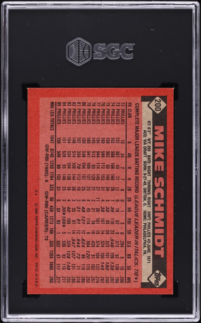 1986 Topps Mike Schmidt #200 SGC 7 NRMT