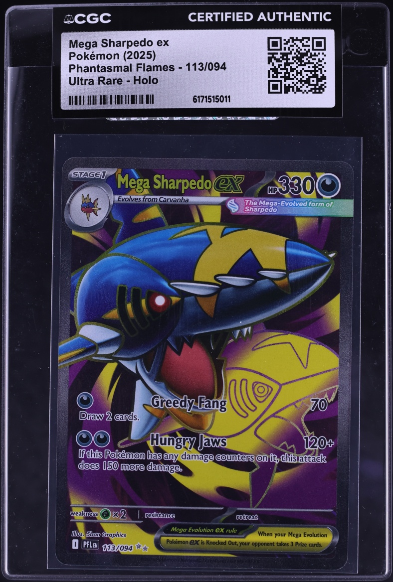 2025 Pokemon Mega Evolution Phantasmal Flames Full Art Mega Sharpedo Ex #113 CGC AUTH