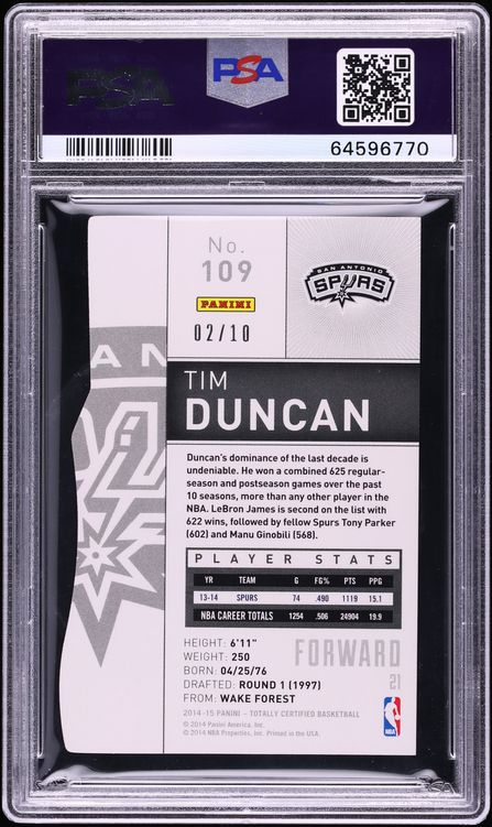 2014 Totally Certified Mirror Platinum Gold Die-Cut Tim Duncan /10 #109 PSA 10 GEM MINT - Photo 2