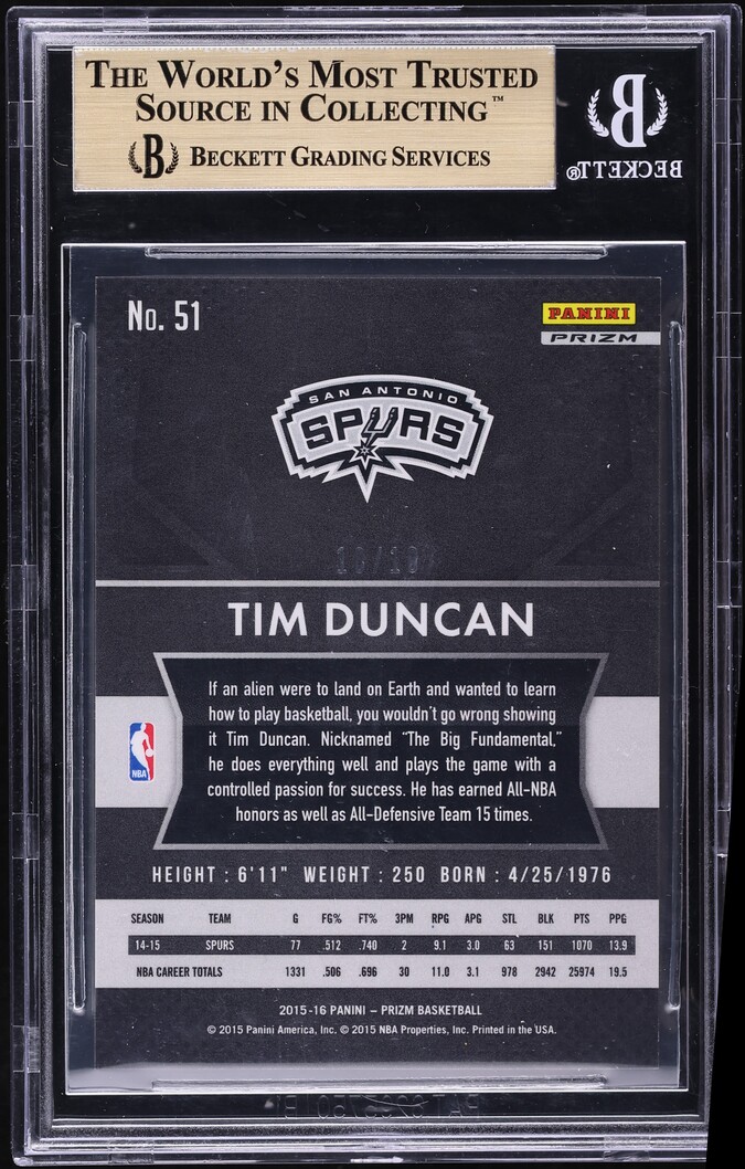 2015 Panini Prizm Gold Tim Duncan 10/10 #51 BGS 9.5 GEM MINT - Photo 2