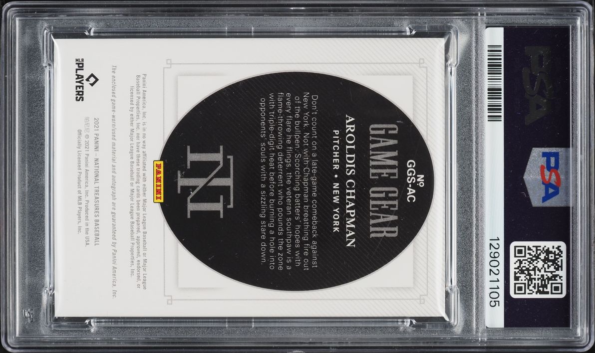 2021 National Treasures Game Gear Aroldis Chapman PATCH AUTO /15 #GGS-AC PSA 7 NRMT