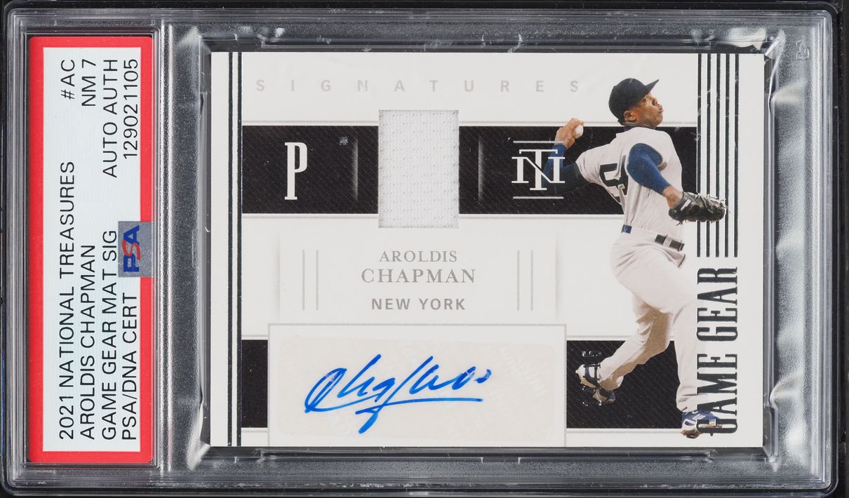 2021 National Treasures Game Gear Aroldis Chapman PATCH AUTO /15 #GGS-AC PSA 7 NRMT