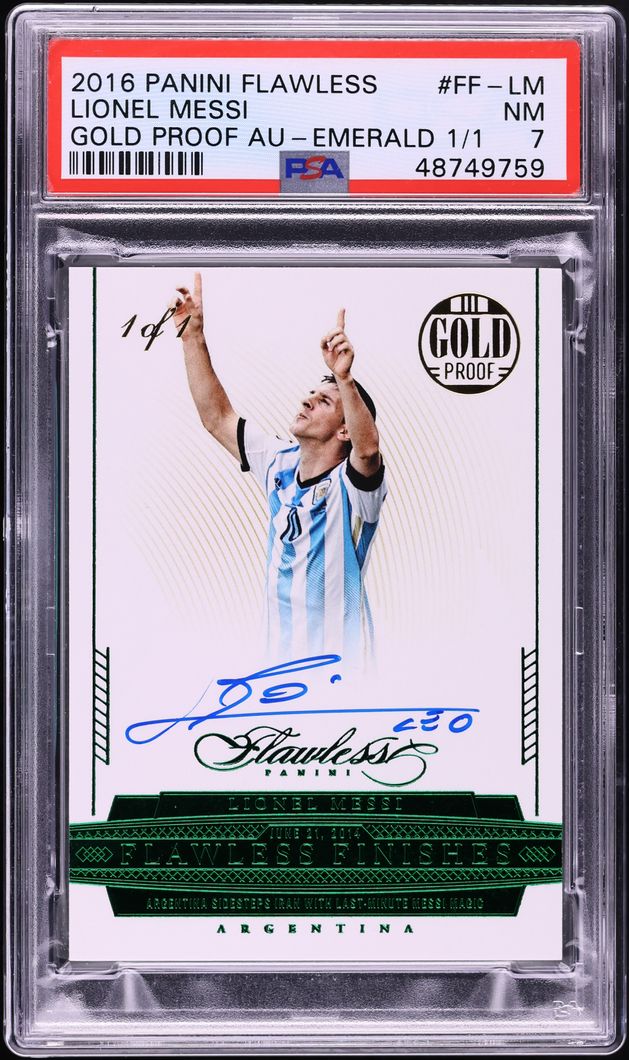2015 Panini Flawless Finishes Gold Proof Emerald Lionel Messi AUTO 1/1 #FF-LM PSA 7 NM