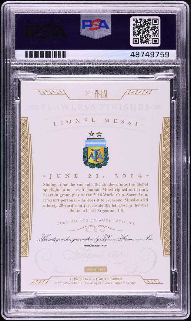 2015 Panini Flawless Finishes Gold Proof Emerald Lionel Messi AUTO 1/1 #FF-LM PSA 7 NM