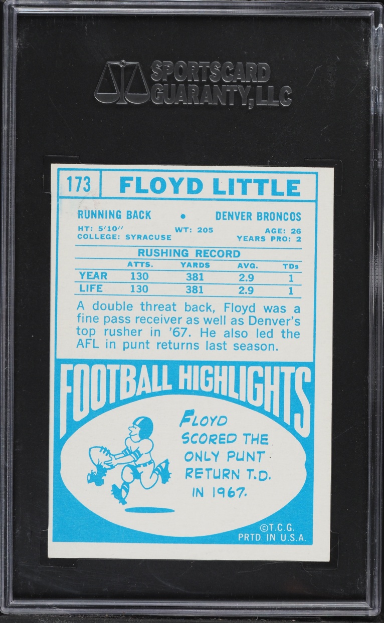 1968 Topps Football Floyd Little ROOKIE #173 SGC 7 NRMT