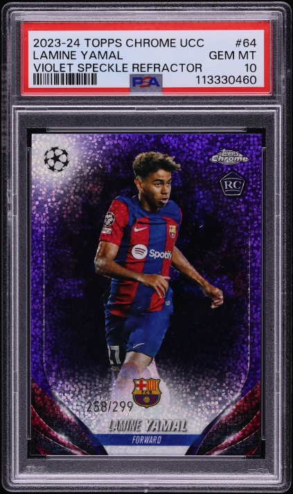 2023 Topps Chrome UEFA CC Violet Speckle Refractor Lamine Yamal ROOKIE /299 #64 PSA 10 GEM MINT