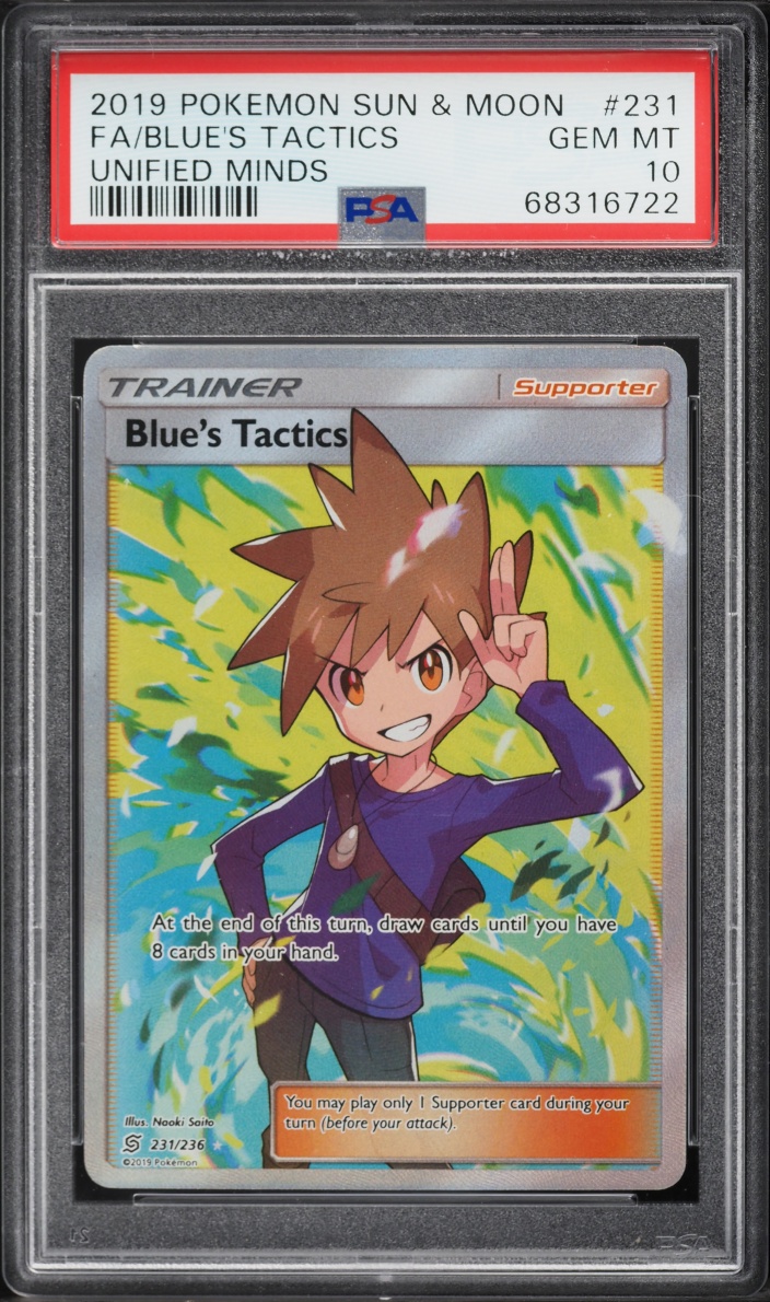 2019 Pokemon Sun & Moon Unified Minds Full Art Blue's Tactics #231 PSA 10 GEM MINT
