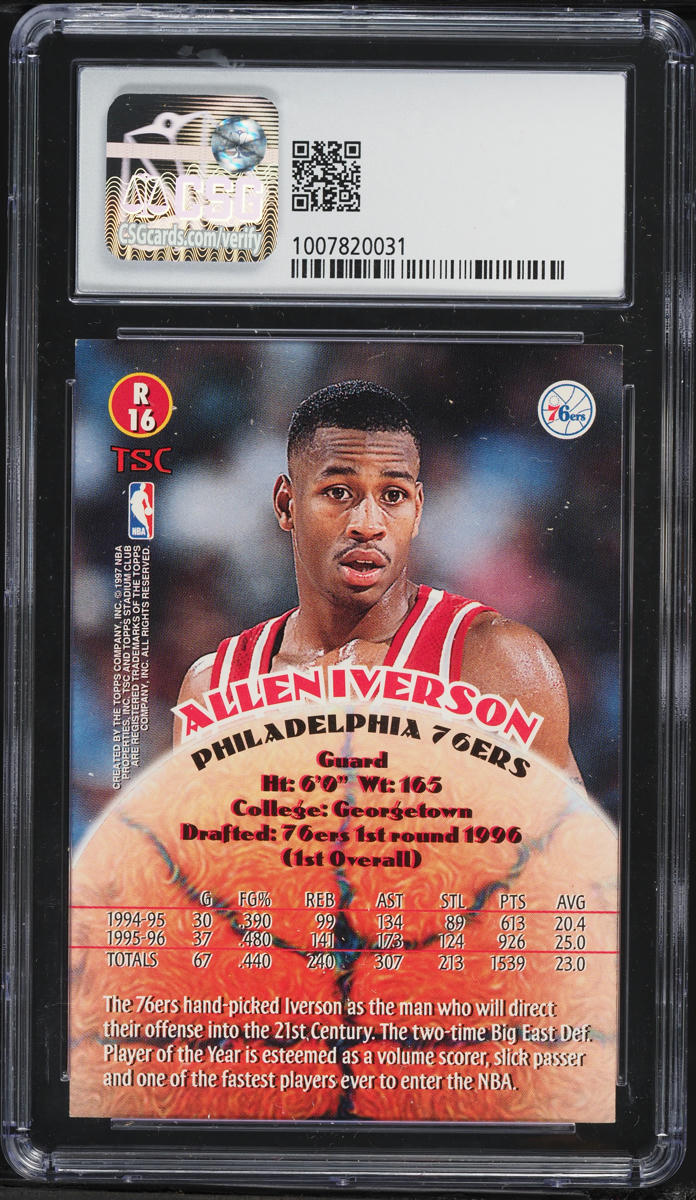 1996 Stadium Club Basketball Allen Iverson ROOKIE #R16 CSG 7 NRMT