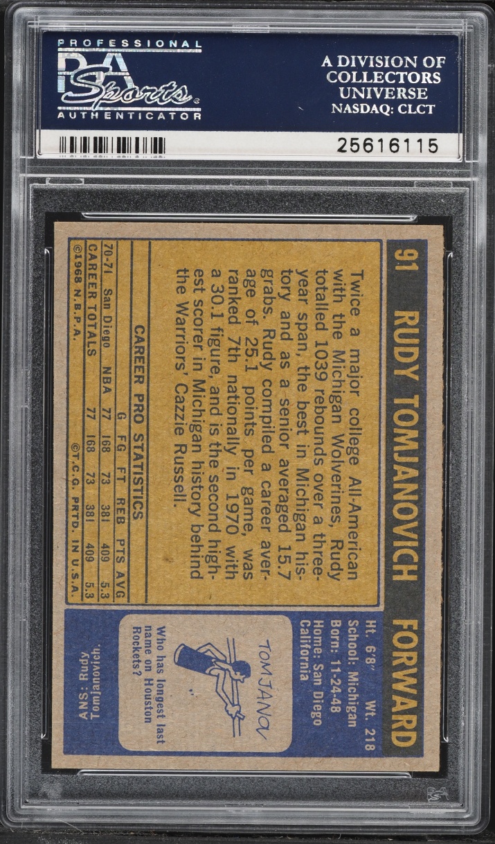 1971 Topps Basketball Rudy Tomjanovich ROOKIE #91 PSA 8 NM-MT