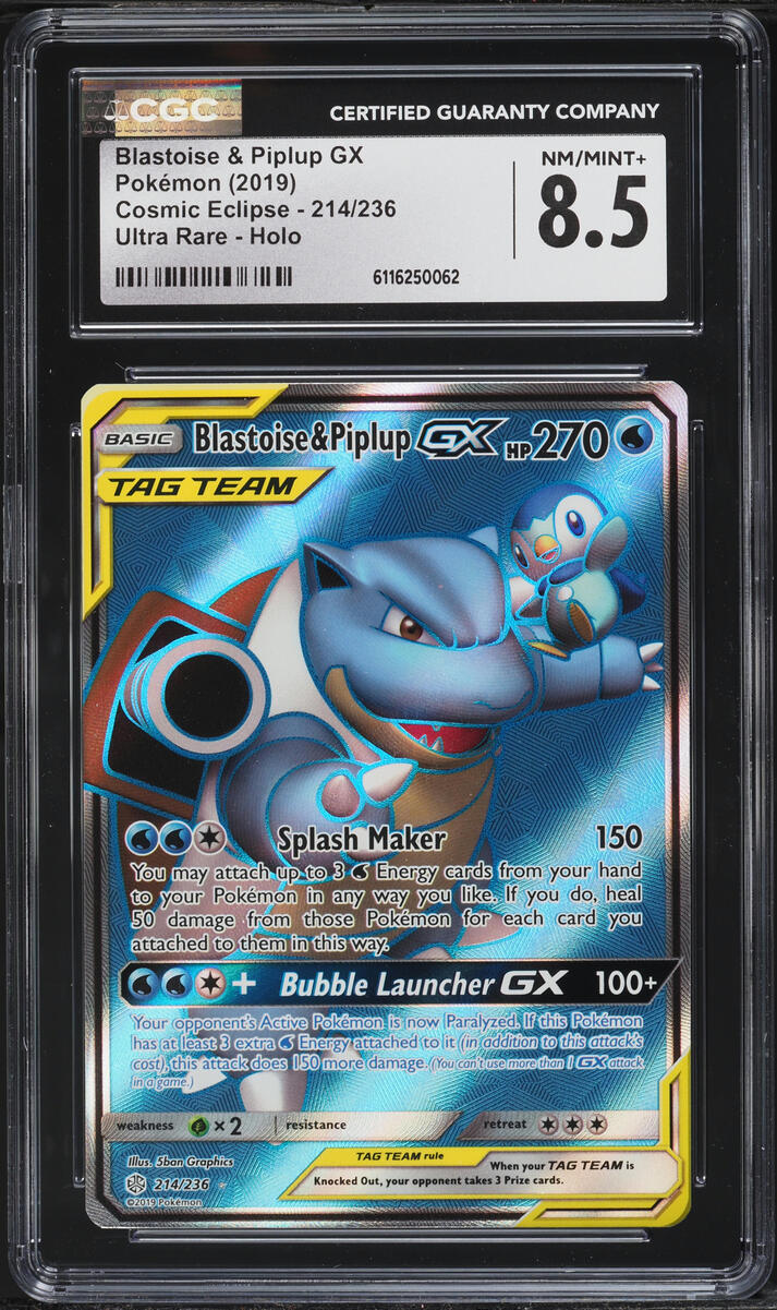 2019 Pokemon Sun & Moon Cosmic Eclipse Full Art Blastoise & Piplup GX #214 CGC 8.5 NM-MT+