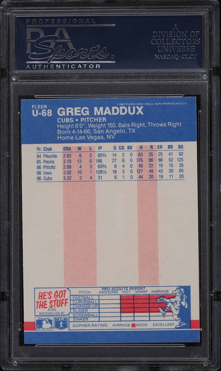 スポーツ選手 87 fleer update greg maddux rc!.! 1987 Fleer Update Glossy Greg Maddux ROOKIE #U-68 PSA 10 GEM