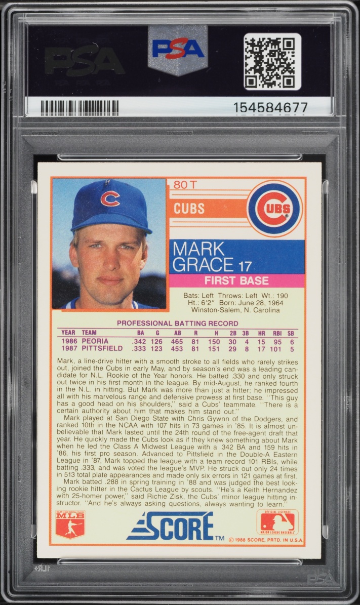1988 Score Traded Mark Grace ROOKIE #80T PSA 9 MINT