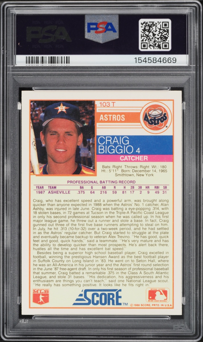 1988 Score Traded Craig Biggio ROOKIE #103T PSA 8 NM-MT