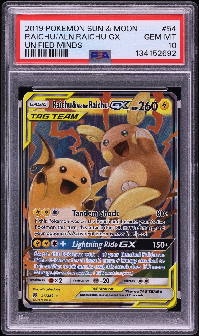 2019 Pokemon Sun & Moon Unified Minds Raichu & Alolan Raichu GX #54 PSA 10 GEM MINT
