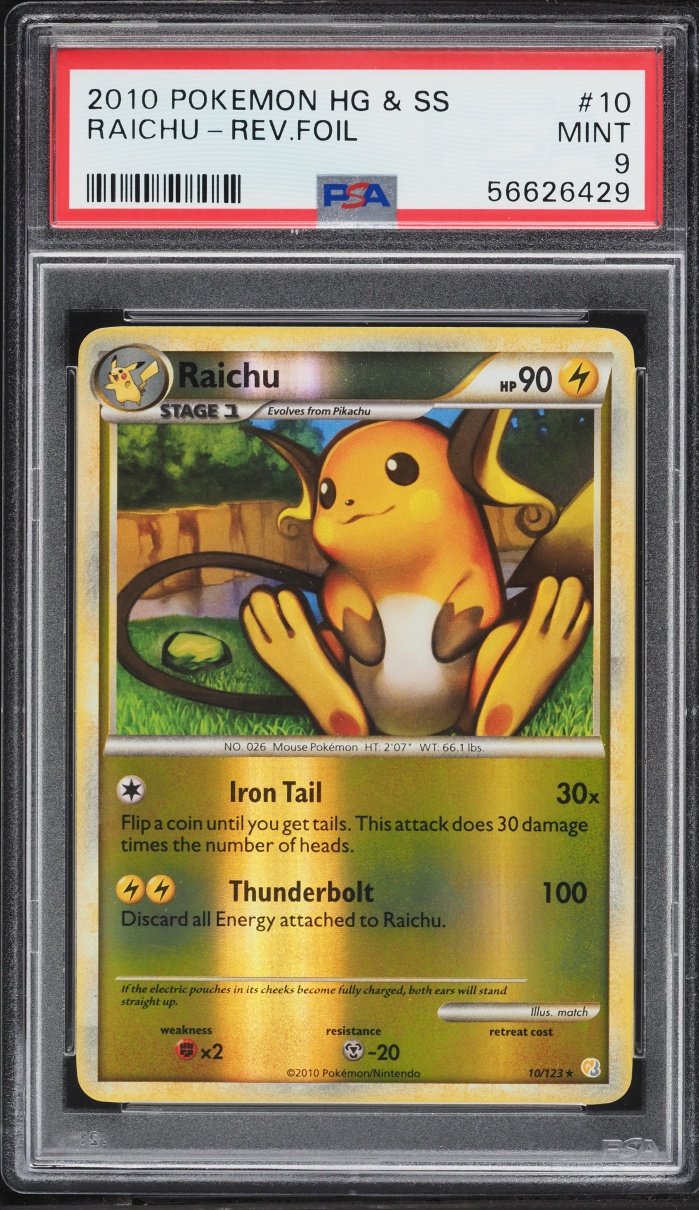 2010 Pokemon HeartGold & SoulSilver Reverse Holo Raichu #10 PSA 9 MINT