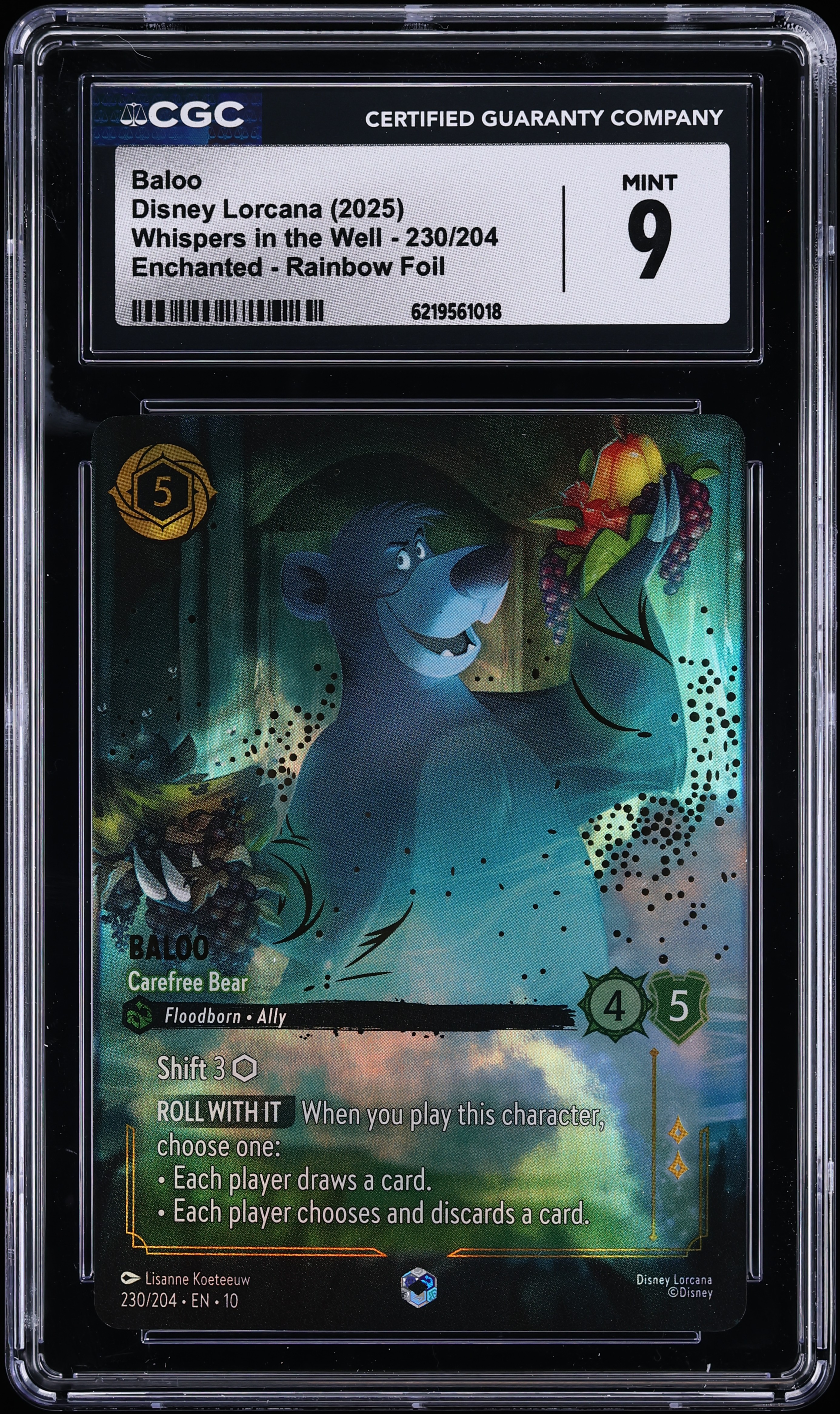 2025 Disney Lorcana Whispers In The Well Enchanted Rainbow Foil Baloo Carefree Bear #230 CGC 9