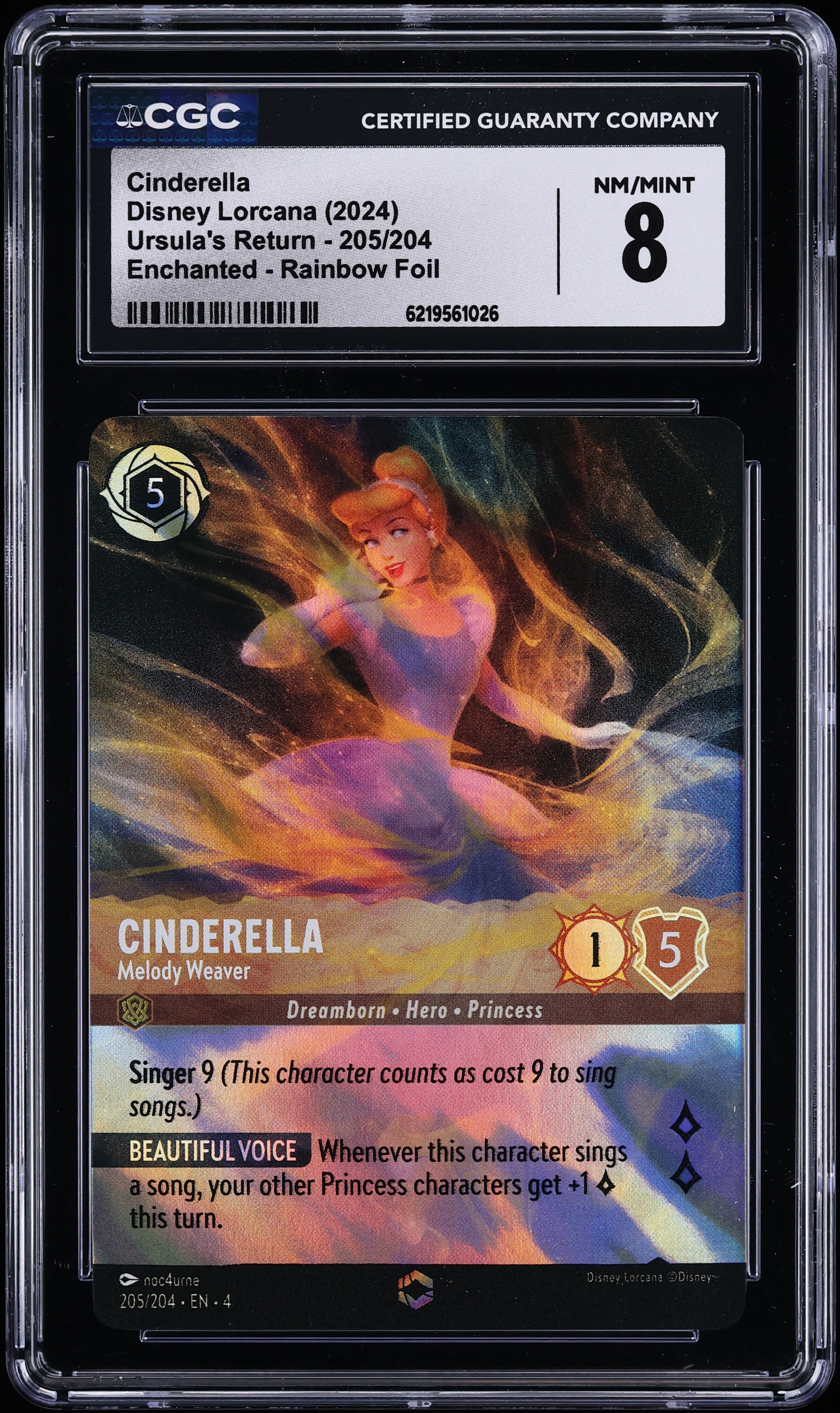 2024 Disney Lorcana Ursula's Return Enchanted Rainbow Foil Cinderella Melody Weaver #205 CGC 8