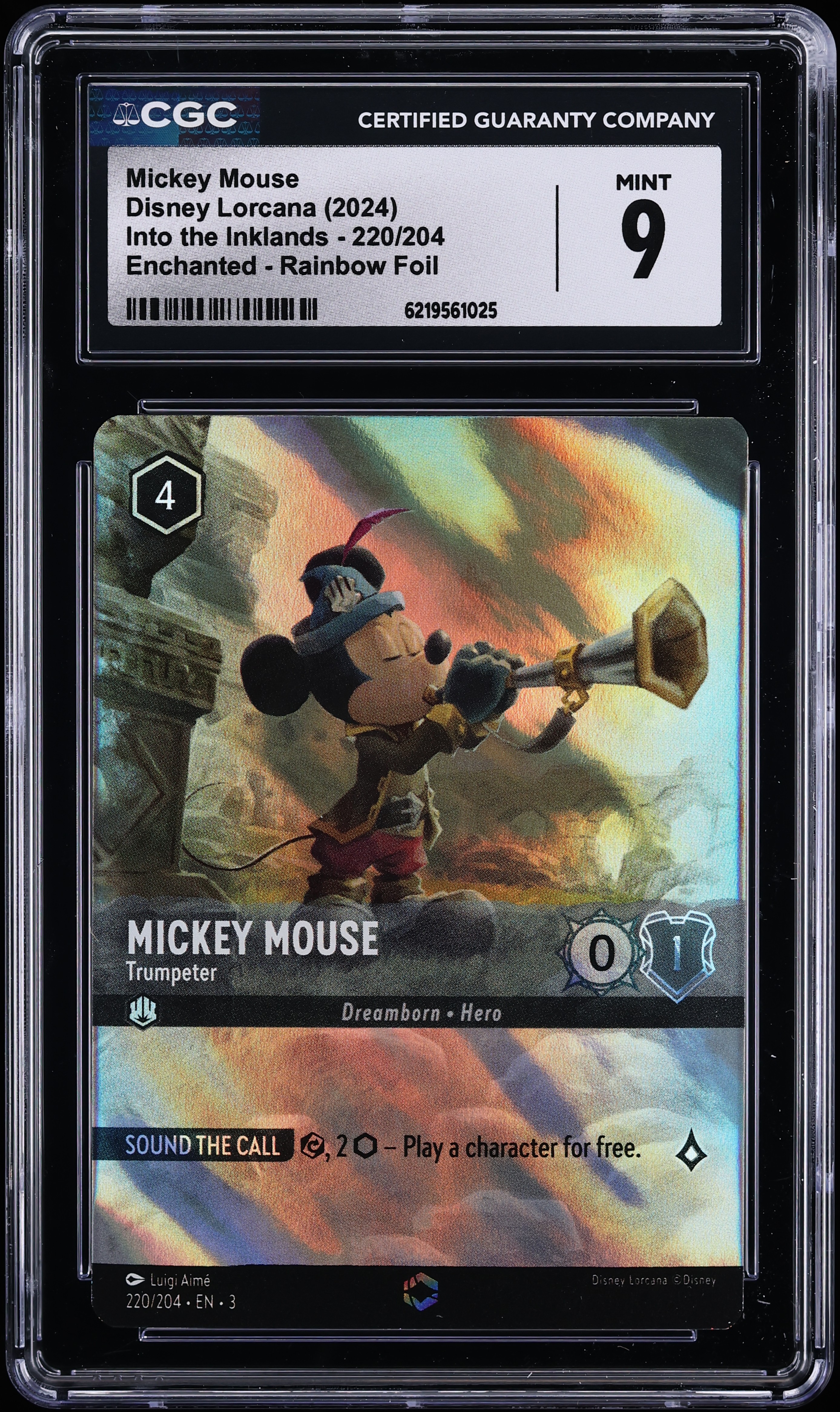 2024 Disney Lorcana Into The Inklands Enchanted Rainbow Foil Mickey Mouse Trumpeter #220 CGC 9