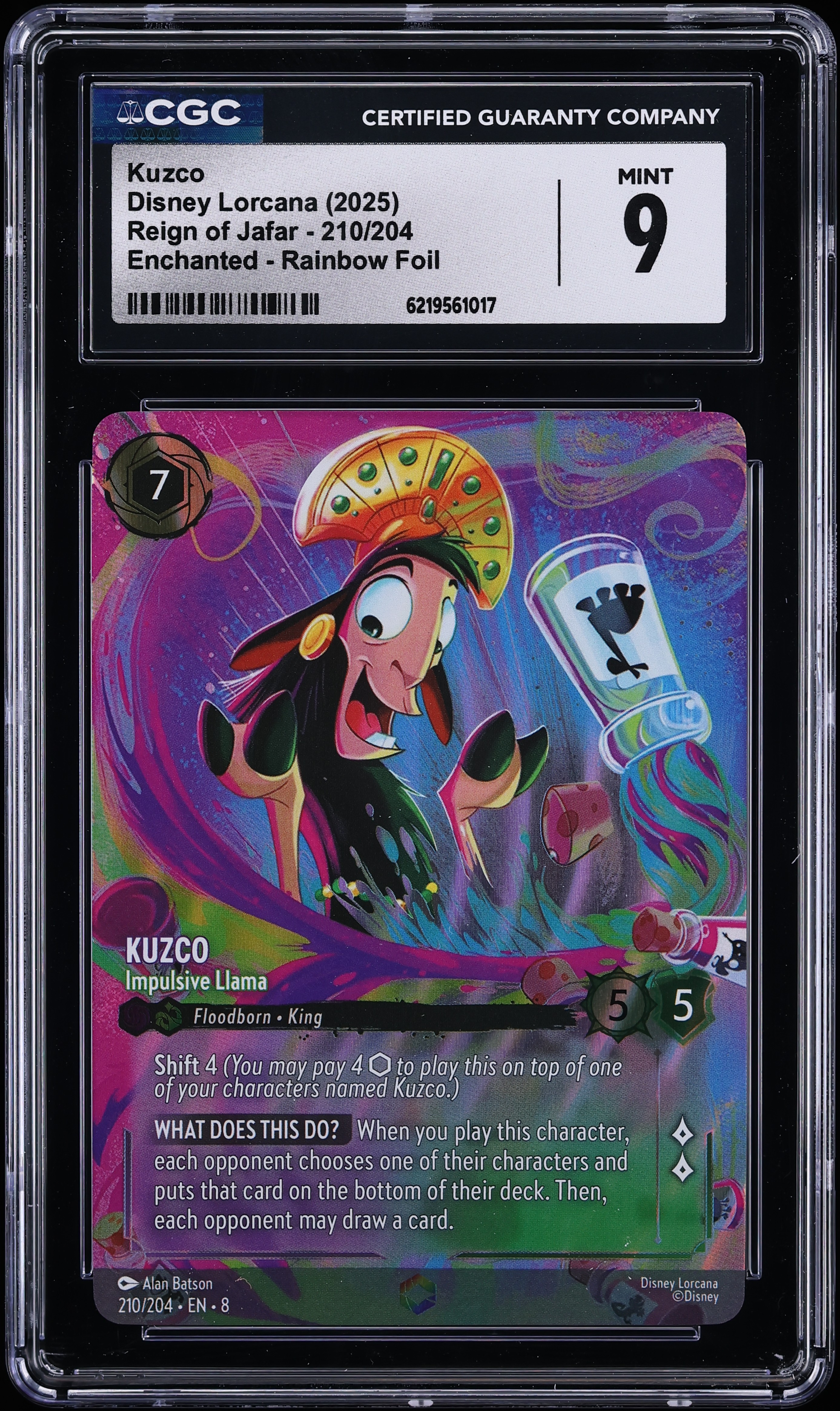 2025 Disney Lorcana Reign Of Jafar Enchanted Rainbow Foil Kuzco Impulsive Llama #210 CGC 9 MINT