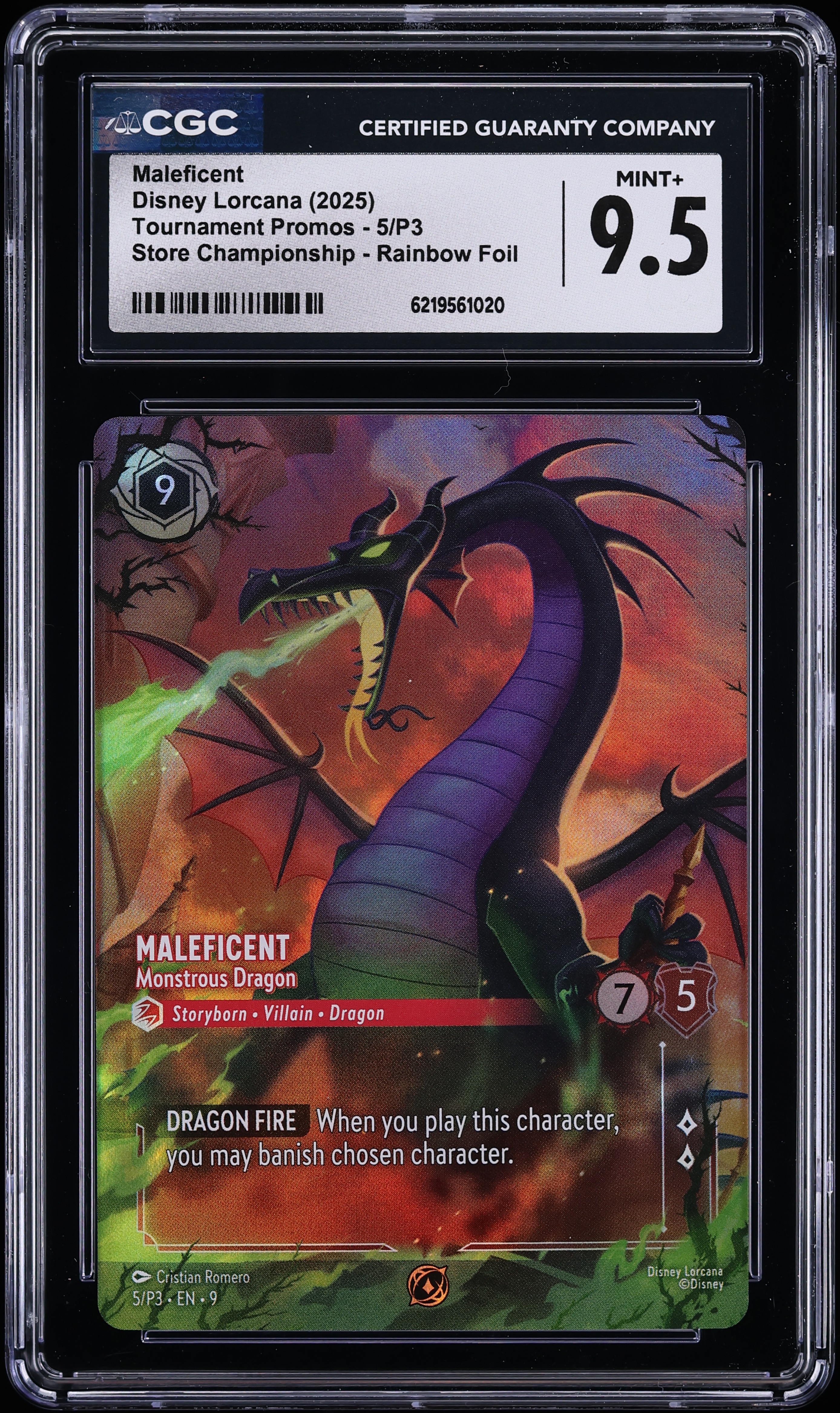 2025 Disney Lorcana Promo Store Championship Rainbow Foil Maleficent Monstrous Dragon CGC 9.5