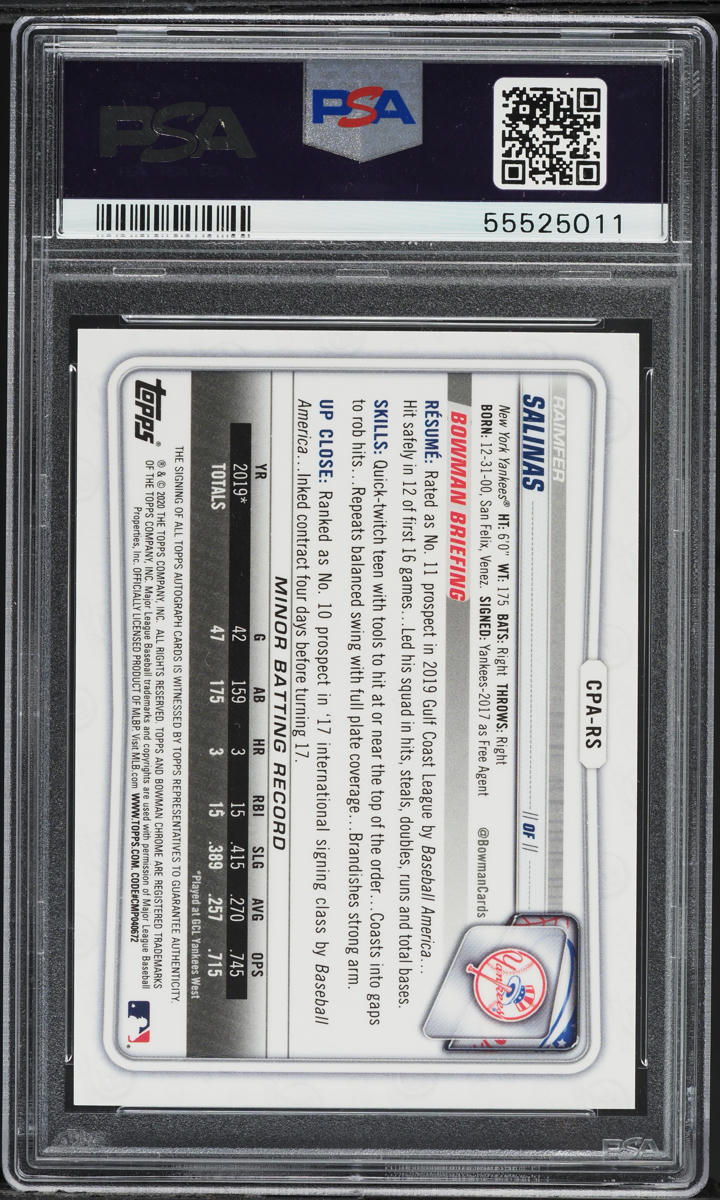 2020 Bowman Chrome Raimfer Salinas PROSPECT AUTO #CPA-RS PSA 10 GEM MINT
