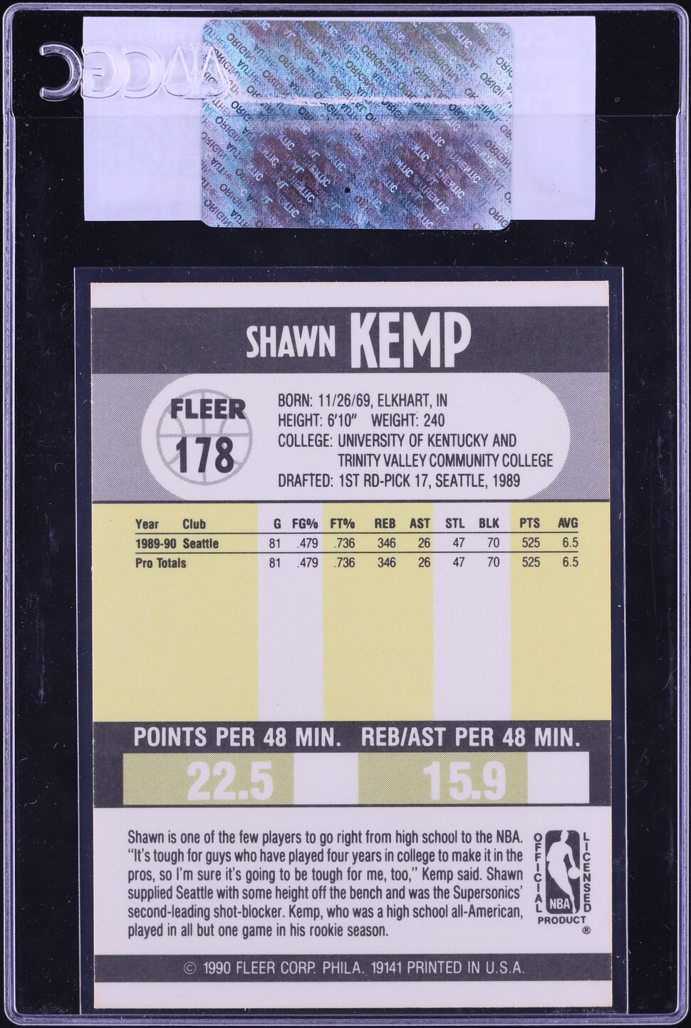 1990 Fleer Basketball Shawn Kemp ROOKIE #178 CGC AUTH