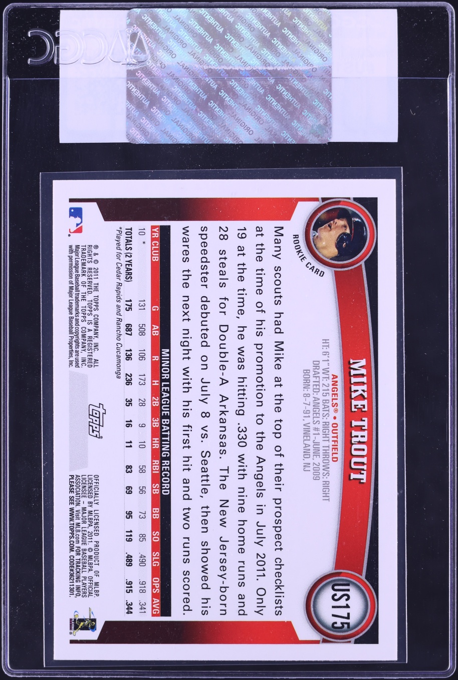 2011 Topps Update Mike Trout ROOKIE #US175 CGC AUTH