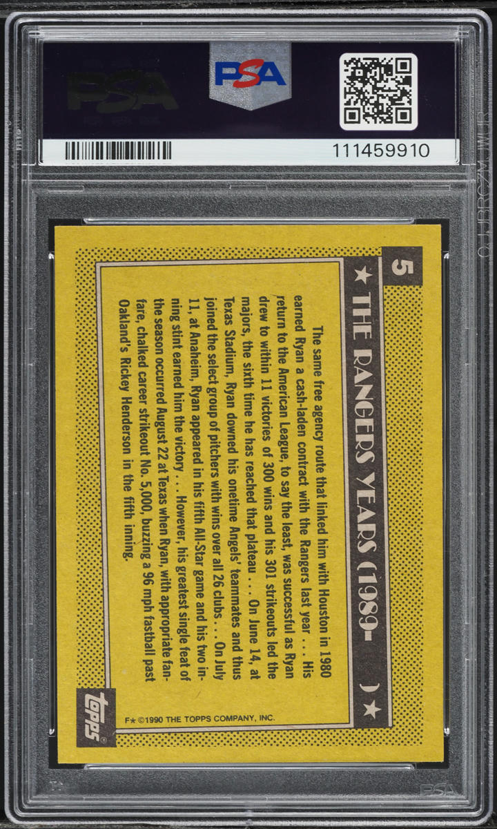 1990 Topps Rangers Nolan Ryan #5 PSA 10 GEM MINT