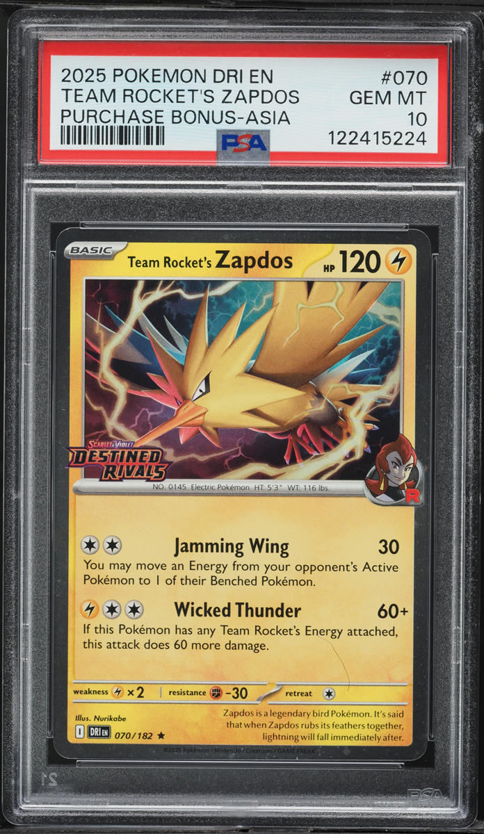 2025 Pokemon Scarlet & Violet Destined Rivals Bonus Asia Team Rocket's Zapdos #070 PSA 10