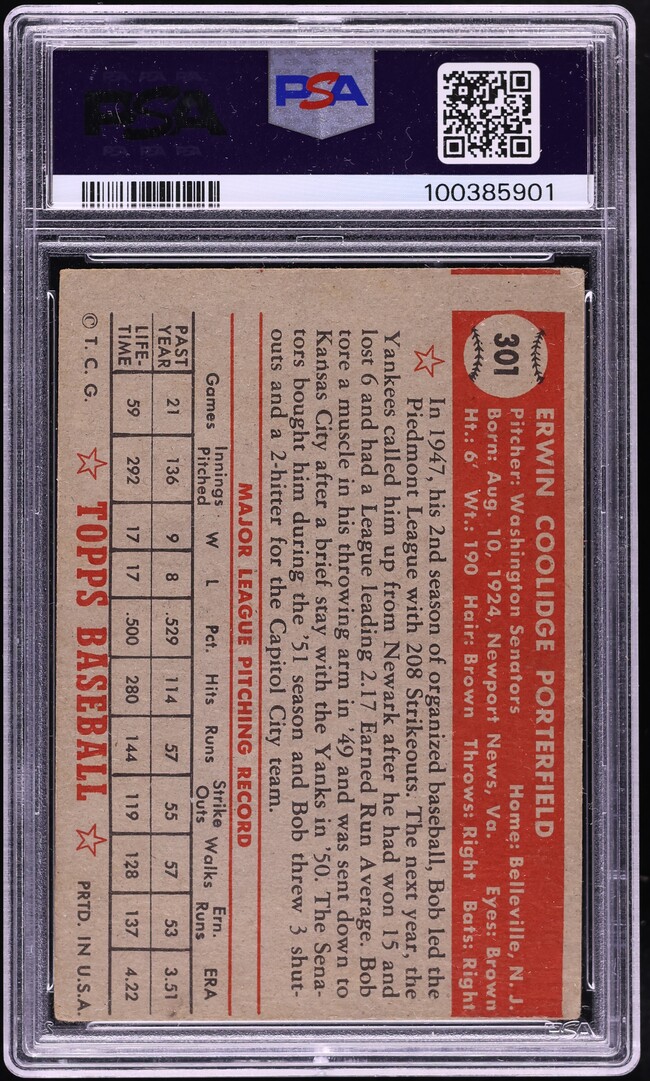 1952 Topps Bob Porterfield #301 PSA 3 VG